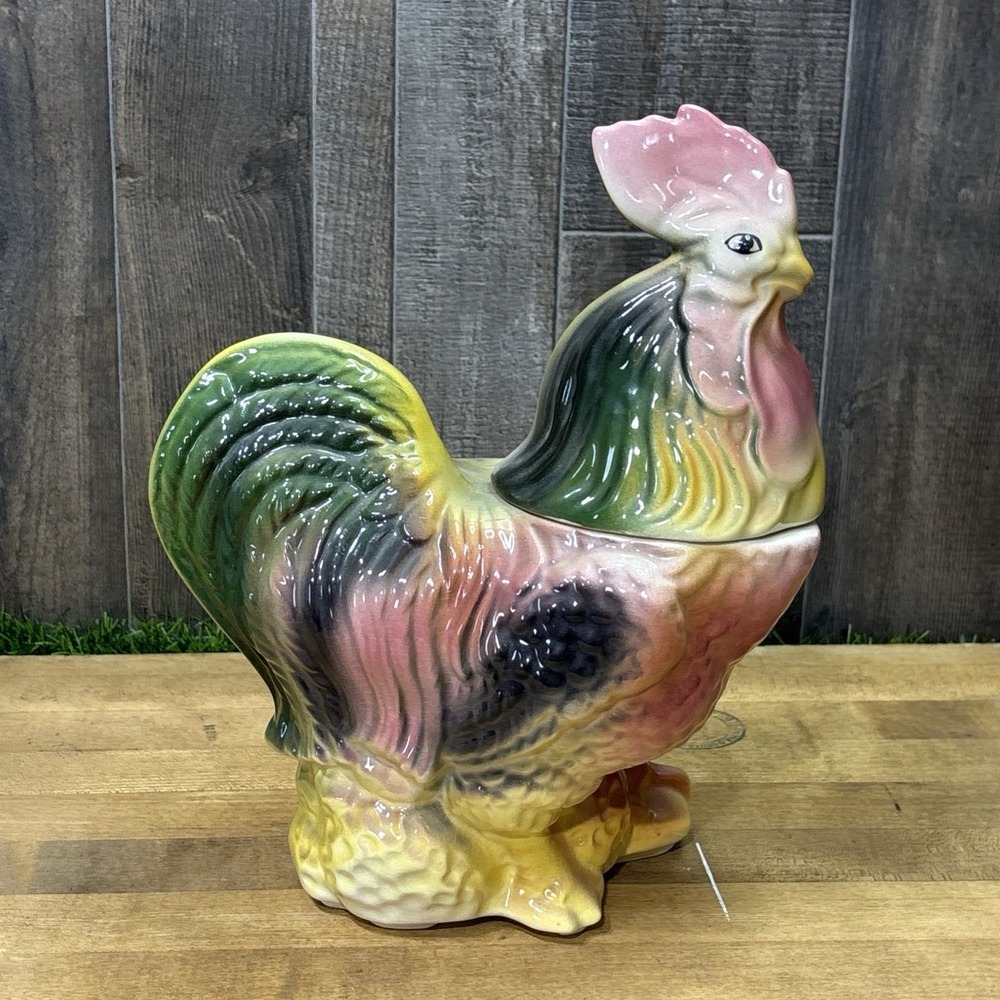 Vintage 1950s American Bisque Pottery Rooster Cookie Jar Colorful Farmhouse